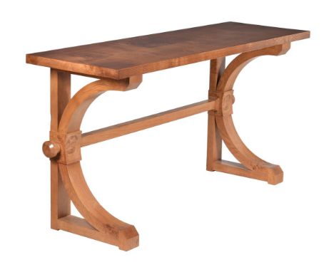 A pippy oak console or serving table, of recent manufacture, by Holgate and Pack, the rectangular top on C-scroll supports, 8