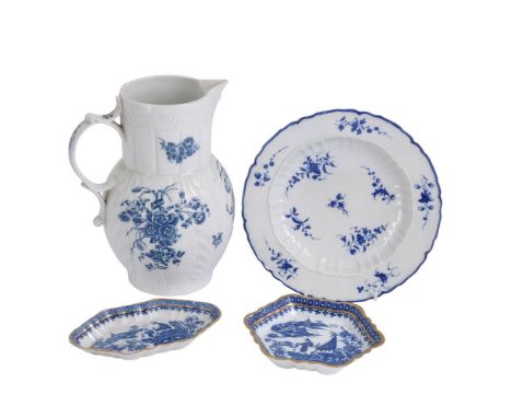 Four items of Caughley blue and white printed porcelain, circa 1780, comprising: a cabbage-leaf moulded mask jug, 24cm high '