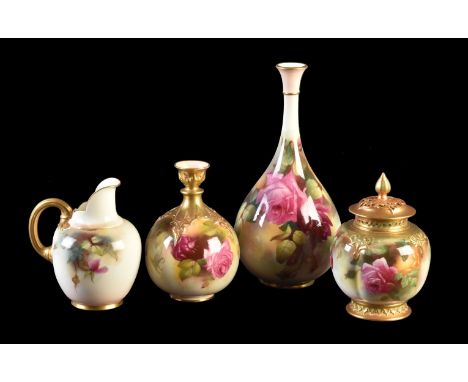 Four items of Royal Worcester porcelain painted with Hadley type roses, various dates early 20th century, including a pear-sh