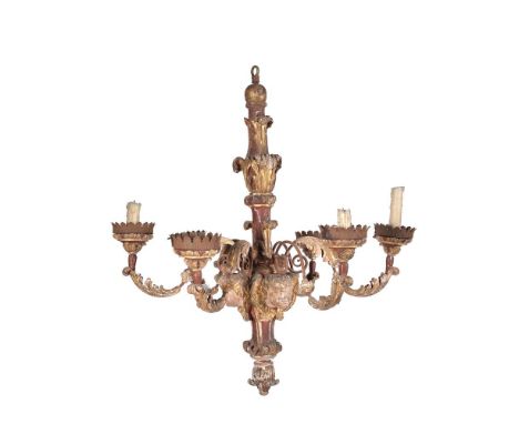 An Italian carved, polychrome painted and giltwood and wrought iron six light pricket chandelier, probably first half 18th ce