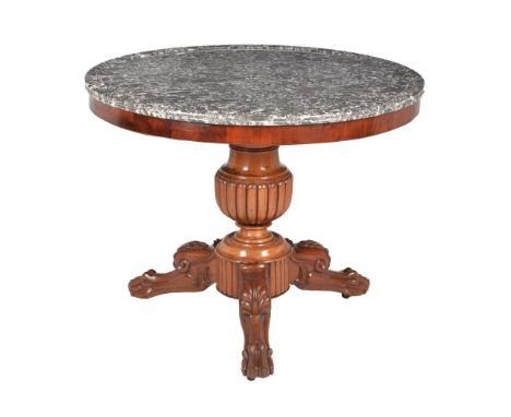 A Louis Philippe marble topped centre table, circa 1850, the grey marble top above a bulbous reeded baluster pillar and tripo