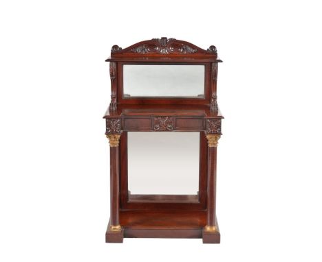 A William IV fiddleback mahogany mirror back console, circa 1835, the raised superstructure incorporating a shelf and on scro