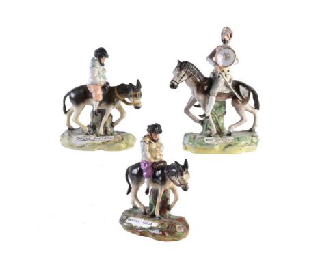 A pair of Staffordshire pottery equestrian figures of Thomas Parr type of Don Quixote and Sancho Panza, circa 1860, typically