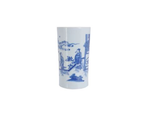 A Chinese transitional-style blue and white brush pot, of slender cylindrical form, decorated on the exterior with a scene fr