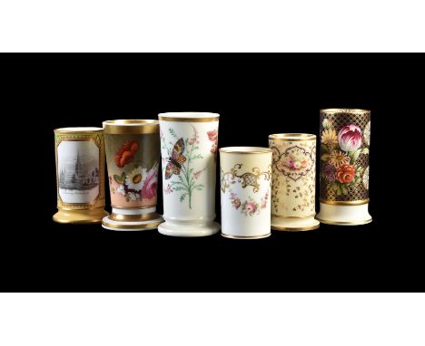 A selection of five English porcelain spill vases, various dates first half 19th century, including a yellow ground souvenir 