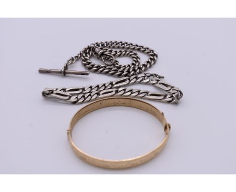 Two silver chains, 51g; together with a rolled gold bangle. 