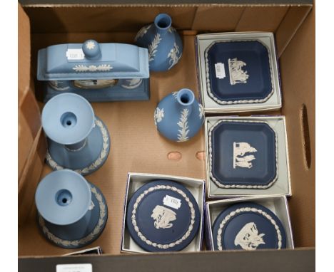 A pair of Wedgwood 'Dancing Hours' jasper candlesticks 15 cm to/w a matching mantel clock, two onion-shaped vases, two boxed 