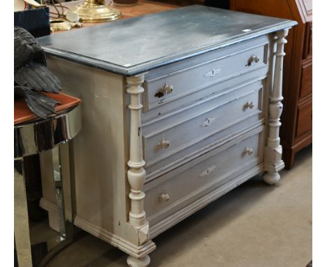 Antique French painted pine three drawer commode chest with turned columns and bun feet, 106 cm wide x 56 cm deep x 80 cm hig