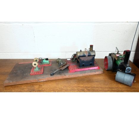 A Mamod steam-roller, to/w a static engine with flywheel-driven anvil and polishing wheel (2) 