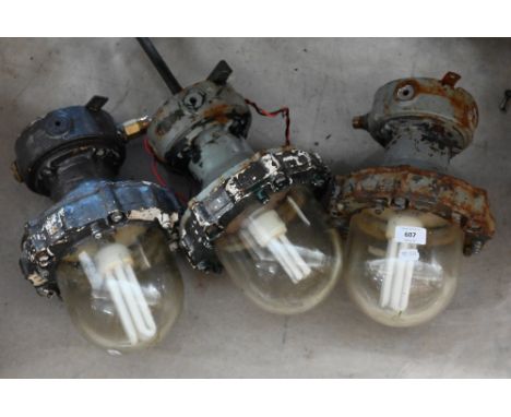 A trio of vintage Simplex industrial hanging lanterns, a/f (3) 