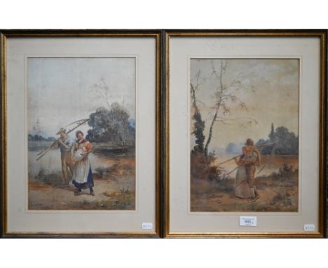 R Douglas - A pair of watercolours of country folk 'After the Toil of the day' and 'The First Born', signed and titled lower 