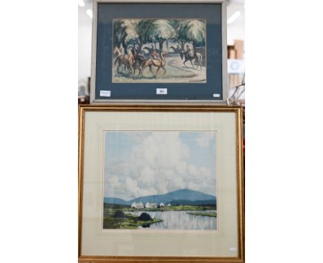 Three pictures - circa 1930s watercolour of horse and riders in a clearing, signed, 24 x 34 cm; Rosalind Adams watercolour la
