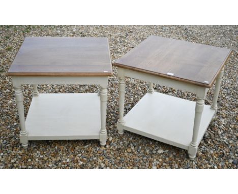 Pair of light oak square lamp tables, cream painted bases with turned supports and open under-tiers, 64 x 64 x 60 cm h 