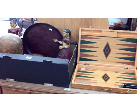 An inlaid oak backgammon board with composite counters, to/w a cast iron portable hand-warmer, a pair of Indian painted wood 