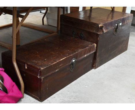 Antique Chinese leather covered trunk with brass handles and clasp, 74 cm wide x 48 cm deep x 46 cm high to/w another similar
