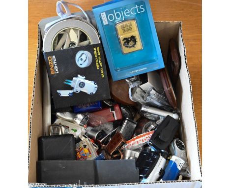 A collection of novelty and other cigarette lighters, including boxed as new Enzo jet flame lighter (box) 