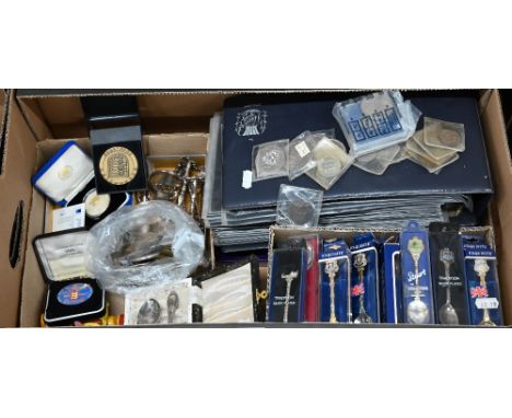 A quantity of commemorative crowns and other coins, to/w EP wares including souvenir spoon, two Corgi Basil Brush cars, a Mag