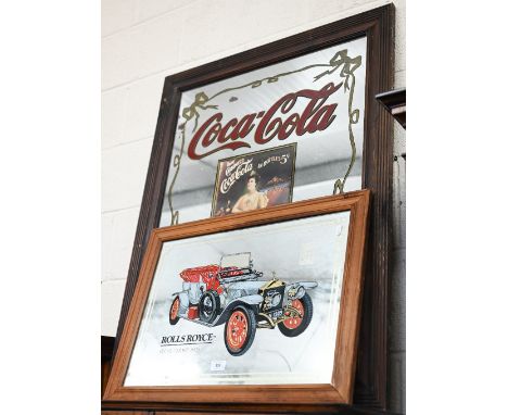 Two vintage advertising mirrors, Rolls Royce and Coca Cola, 64 x 48 cm and 74 x 100 cm, with moulded stained pine frames (2) 