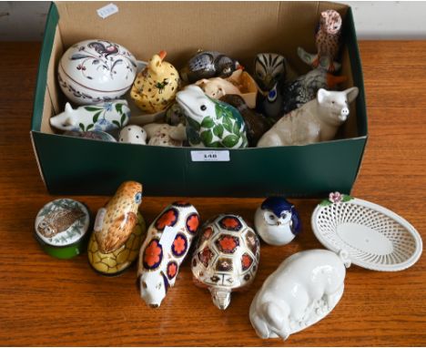 Various ornamental ceramics including Herend owl with orange scale decoration, 13 cm, a Crown Derby 'Pig' paperweight, a simi