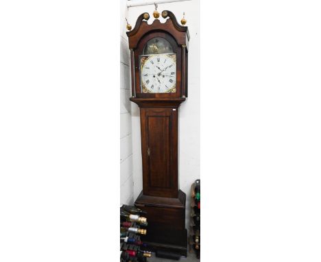 Adam Chephan, Greenock - A 19th century oak longcase clock with painted hunting scene dial with eight-day movement c/w key, t