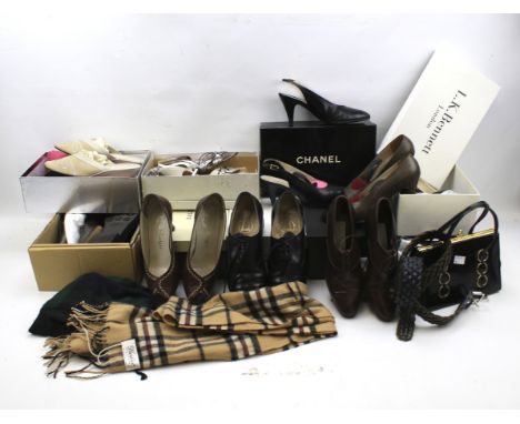 A collection of ladies' designer shoes and accessories. Including pairs of shoes by Kurt Geiger, Jocelyn, L.K. Bennett, Gina,