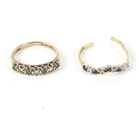 Two 9ct gold rings. One a diamond and emerald half eternity ring, size K, the other AF. Weight 2.7g