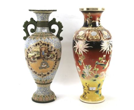 Two 20th century Japanese ceramic vases. One with two handles, both decorated with traditional foliate motifs, largest H57cm 