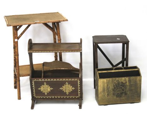 An assortment of furniture and collectables. Comprising a bamboo side table, 51cm x 36cm x 70cm, an Arts and Crafts brass mou