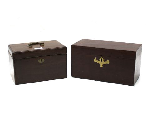 A mahogany jewellery box and tea caddy. The jewellery box with a carrying handle and a blue velvet fitted interior, L26cm, th