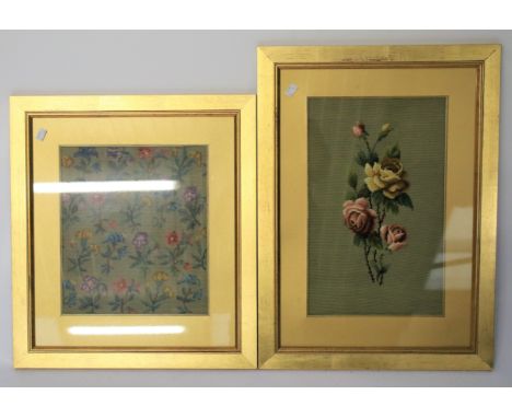 Two 20th century needlework tapestry pictures. Each depicting floral scenes, both framed and glazed, largest 29cm x 47cm