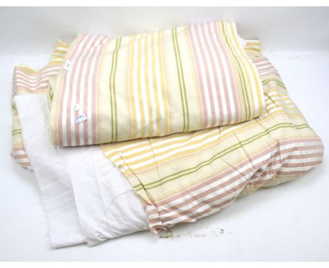 A pair of 20th century curtains. Cream and pink in colour, with silver stripe decoration, approximately L288cm Condition Repo