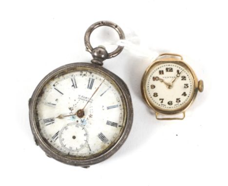 A ladies' Vertex 9ct gold cased watch and a H Samuel pocket watch. The watch with a gilt dial with Roman numerals, the pocket