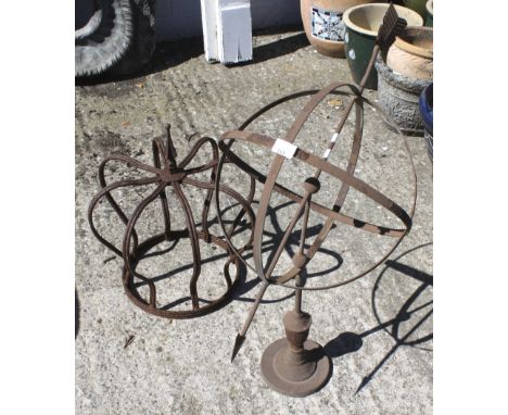 Two decorative metal garden items. Comprising a sun dial formed as an arrow through a sphere, on pedestal base, 75cm high and