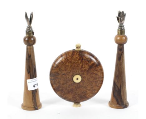 A pair of Jerusalem olive wood and gilt-metal mounted candlesticks and a flask. The candlesticks surmounted with gilt metal h