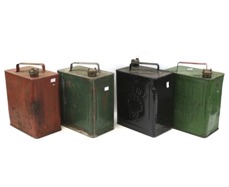 Four assorted vintage petrol cans. Including Shell Motor Spirit, a 1953 Military can, Shellmex BP and a Pratts Perfection Spi