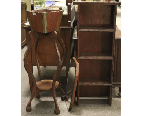 A mahogany open bookcase, an oak plant stand with undertier, and an Art Deco oak wall mirror Condition Report: Bookcase measu