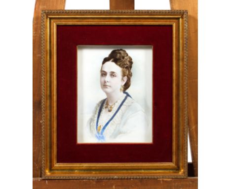 A Victorian crystoleum. Printed and painted with a bust length portrait of a woman wearing a blue ribboned and lace edged dre