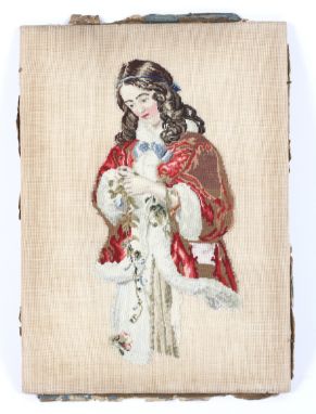A 19th century section of Berlin wool work embroidery. Depicting a lady in period dress, remounted, figure her self measuring