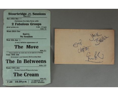 The Cream signed card with autographs of Eric Clapton (guitarist), Jack Bruce (singer) & Ginger Baker (drummer). The British 