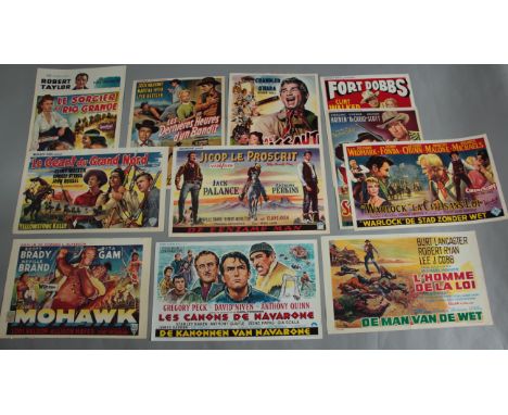 12 Belgian film posters including The Guns of Navarone, Shotgun, Lawman, War Arrow, The Lonely Man, Mohawk, Showdown at Abile