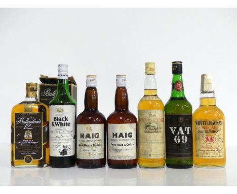 1 litre Ballantines 12YO Scotch Whisky oc 1 26 2/3 fl oz bt Black &amp; White Choice Old Scotch Whisky 70° proof vsl torn lab