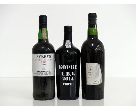 1 bt Averys 2005 LBV  bottled 2011 bs 1 bt Kopke 2014 LBV  1 bt Believed Taylors Vintage Port Vintage Unknown bs, torn label 