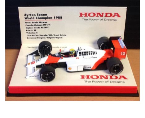 Motor Racing Model Ayrton Sennas 1988 MP4/4 World championship McLaren 1. 43 scale model. Good Condition. All signed pieces c