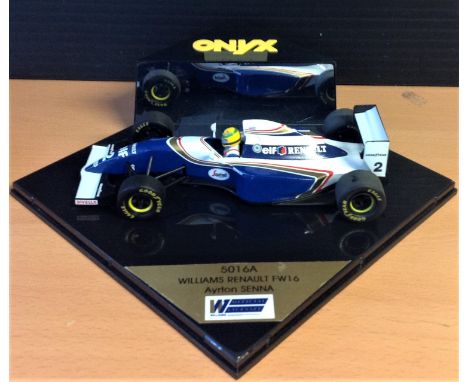 Motor Racing Model Ayrton Senna Williams Renault FW16 Formula One Onyx scale model. Good Condition. All signed pieces come wi