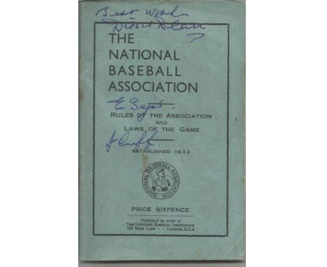 Baseball vintage 1930s National Baseball Association rules and law book signed by legendary player Dizzy Dean and two others.