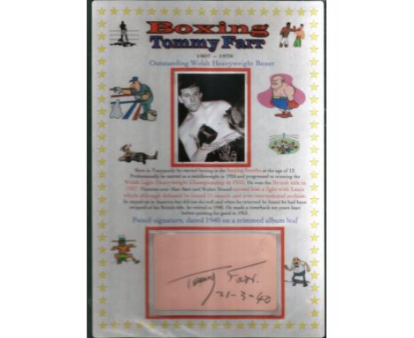 Boxing Tommy Farr 12x8 mounted signature piece signature dated 31. 3. 1940. Thomas George Farr, 12 March 1913 - 1 March 1986 