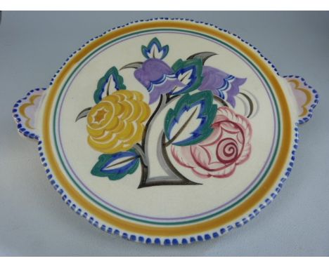 1930's Poole Pottery Cake Stand decorated with flowers and leaves and two small handles