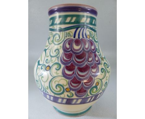 Poole Pottery 1920's large bulbous vase decorated with grapes. fully marked to base. Approx 21cm high