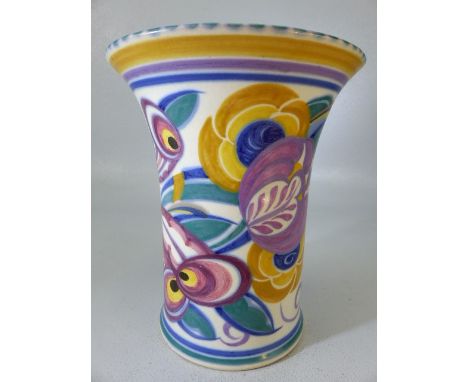 Poole Pottery Art Deco flared vase in Polychrome decoration of flowers, fully marked to base Approx 28cm high.