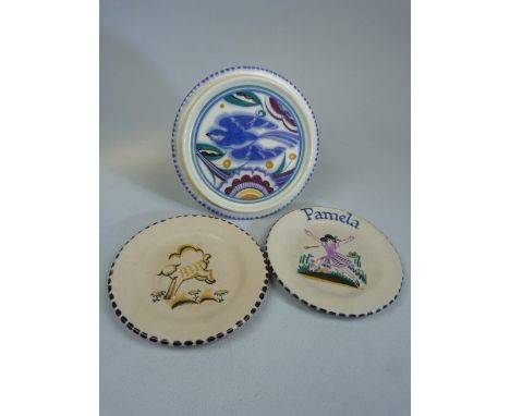 Poole Pottery Art Deco Caster in the Blue bird pattern 15cm Wide, along with Poole Potter 1930 nurseryware plate decorated wi